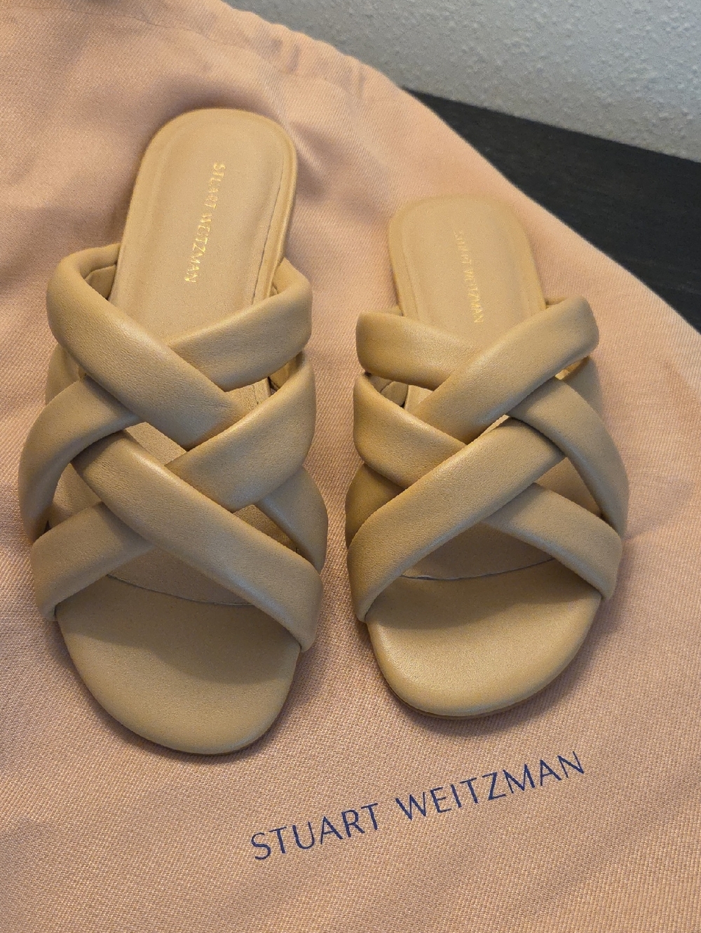 Stuart Weitzman Crossover slide sandal. Color Golden Beige Size 6 NWT.